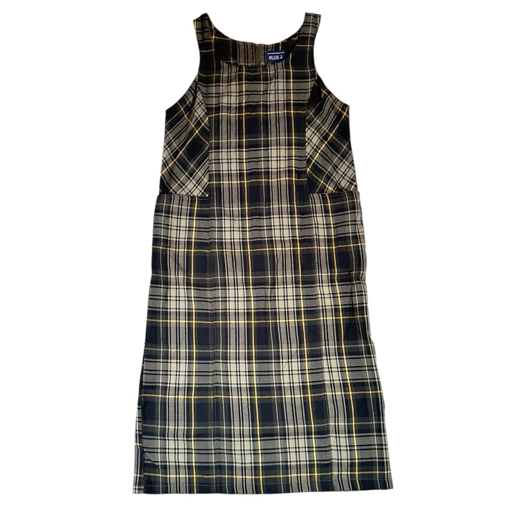 BLUE J black/tan/olive plaid jumper dress midi/maxi with pockets size Large - Picture 3 of 8